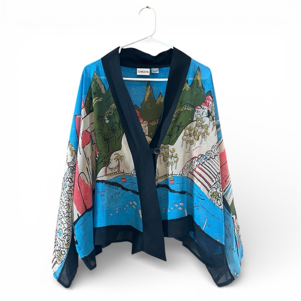 Chico's Blue Multicolor Scenic Printed Kimono Jacket
